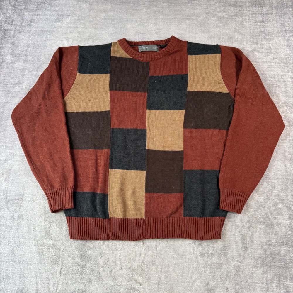 Oscar de la Renta Sweater Mens XL Rust Colorblock Patchwork Cotton Knit Designer